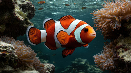Vibrant orange and white clownfish swimming among sea anemonesの素材