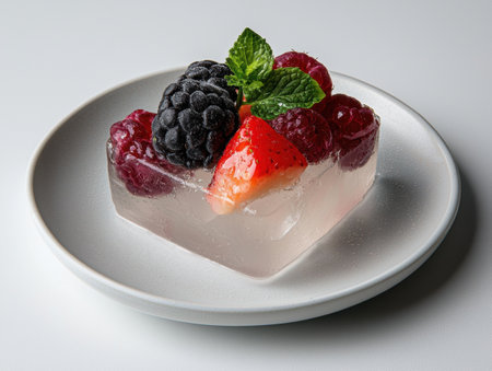 Delicious summer berry dessert in a clear ice cubeの素材