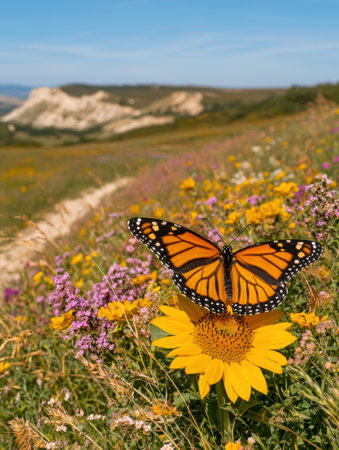 Monarch butterfly on a sunflower in a wildflower meadowの素材