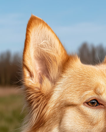 Close-up of a fluffy golden dog's ear and eye, outdoors on a sunny dayの素材