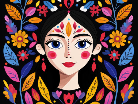 Vibrant floral portrait of a woman with bright blue eyesの素材