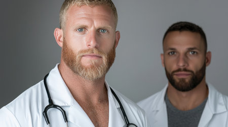 Two doctors in white coats look directly at the cameraの素材