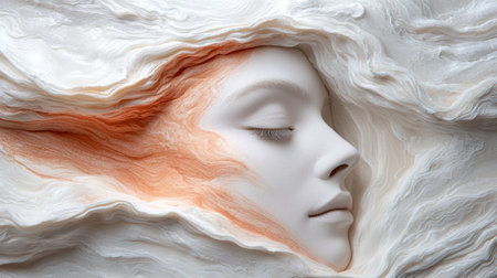 Surreal portrait of a woman's face emerging from white fabric wavesの素材