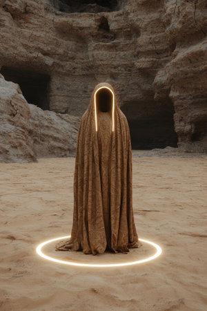 Mysterious hooded figure in a desert landscape with glowing circleの素材