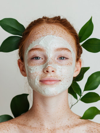Teenage girl with freckles and a face maskの素材