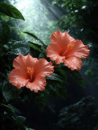 Two hibiscus flowers in the rainの素材