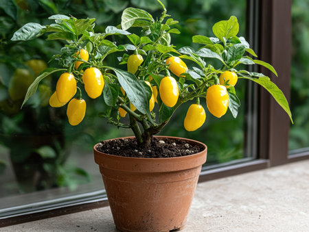 Potted yellow chili pepper plant with ripe fruit on a windowsillの素材