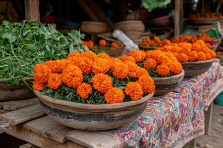 Vibrant orange marigolds in rustic terracotta pots at a marketの素材