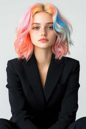 Portrait of a young woman with pastel pink and blue hair wearing a black blazerの素材