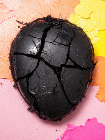 Close-up of cracked black makeup, vibrant backgroundの素材
