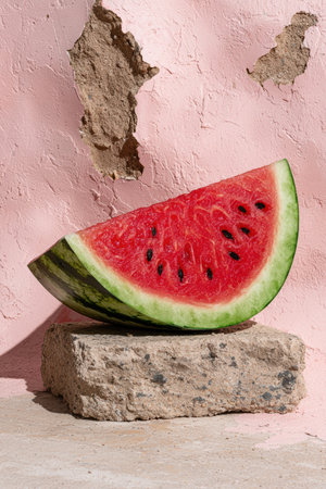 Watermelon slice on a rustic stone against a pink wallの素材