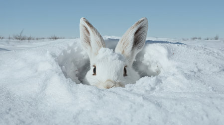 Adorable arctic hare hiding in the snowの素材
