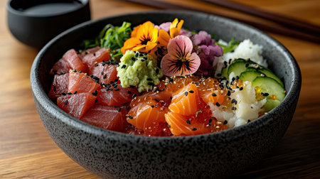 Delicious and colorful poke bowl with fresh salmon, tuna, and avocadoの素材