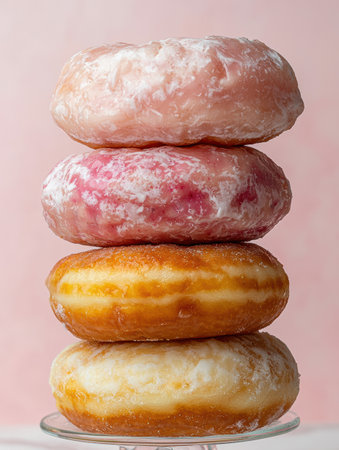 Stack of four assorted donuts on a glass plateの素材