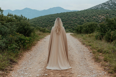 Woman in beige shawl walks down a dirt road towards mountainsの素材