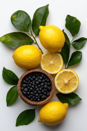 Fresh lemons and blueberries on white backgroundの素材