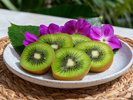 Close-up of sliced kiwi fruit garnished with purple flowers on a plateの素材