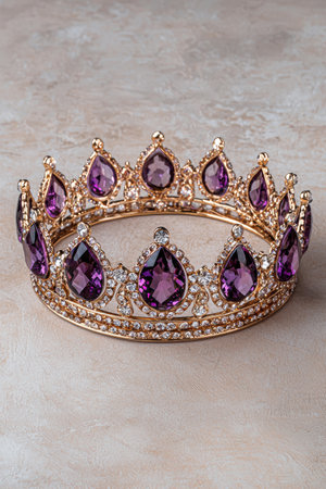 Amethyst and diamond crown on beige backgroundの素材