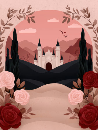 Fairytale castle nestled in a dreamy landscape, surrounded by roses and cypress treesの素材