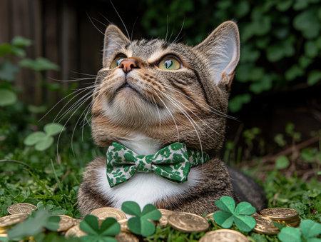Adorable tabby cat wearing a shamrock bow tie surrounded by coins and cloversの素材