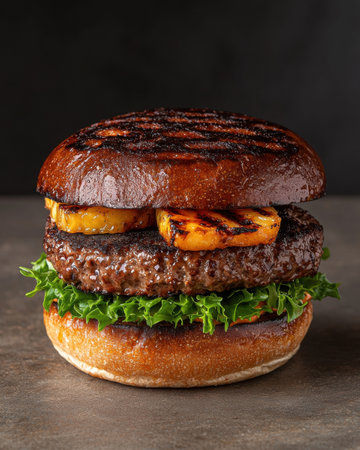 Delicious grilled pineapple burger on a dark backgroundの素材