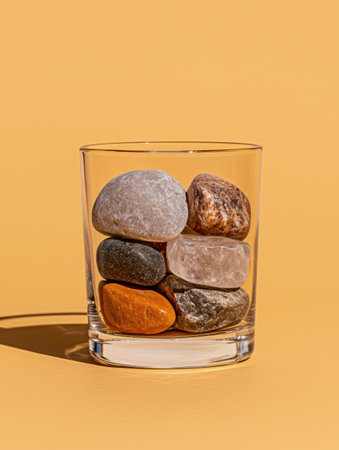 Assorted stones in a rocks glass on a yellow backgroundの素材