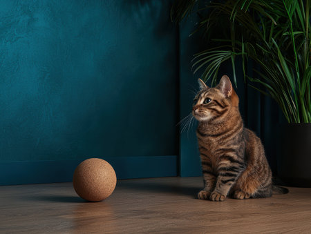 Cute tabby kitten sitting on hardwood floor next to a cork ball and a houseplantの素材