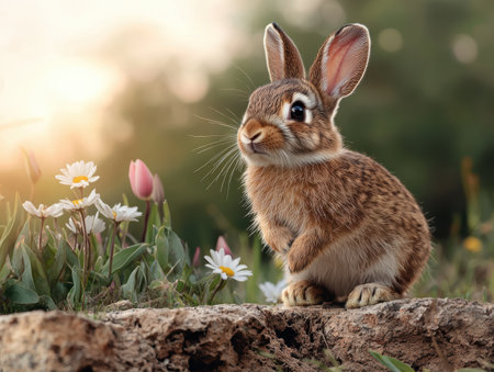 Adorable baby bunny rabbit sitting amongst spring flowersの素材