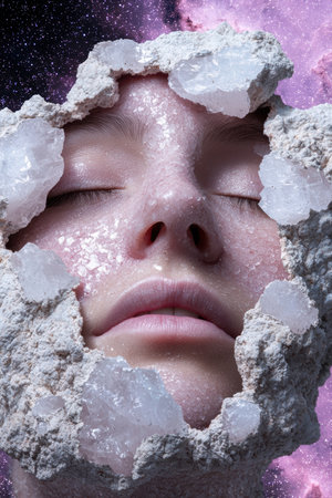 Surreal portrait of a woman's face emerging from a cracked rock formation, adorned with sparkling crystals against a cosmic backdropの素材