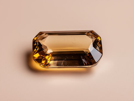 Close-up of a faceted golden gemstone on a beige backgroundの素材