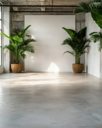 Empty minimalist interior with large plants and white wallの素材