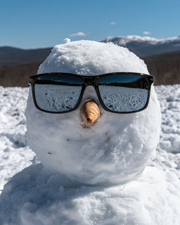 Cool snowman wearing sunglasses in a snowy mountain landscapeの素材