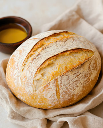 Artisan sourdough bread on linen cloth with olive oilの素材