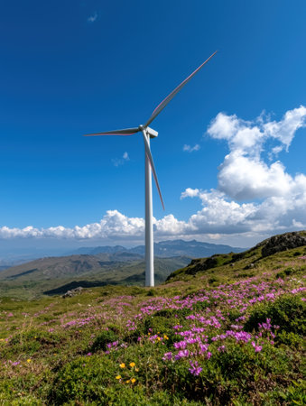 Wind turbine on a mountain top with wildflowersの素材