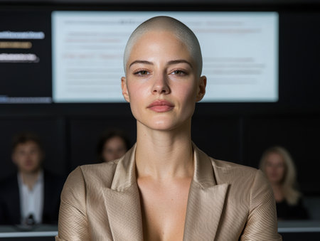 Confident bald woman in beige blazer, looking directly at the cameraの素材