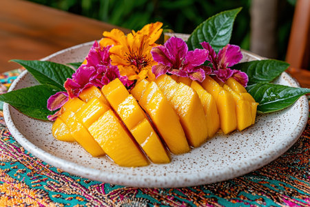Close-up of sliced mango on a plate with flowersの素材