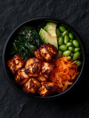 Delicious and healthy salmon poke bowl with avocado, edamame, and carrotsの素材