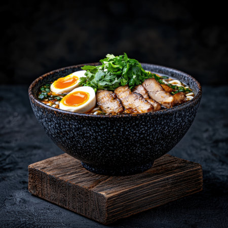 Delicious ramen bowl with soft boiled eggs and chashu porkの素材