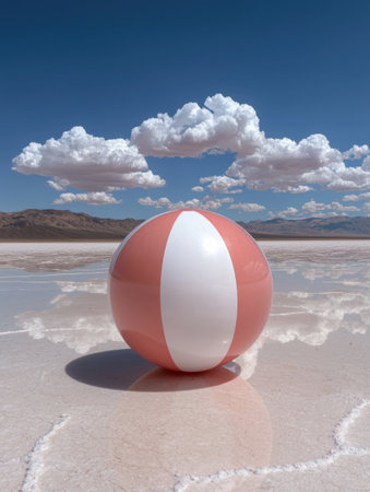 Pink and white beach ball on a salt flat under a blue skyの素材