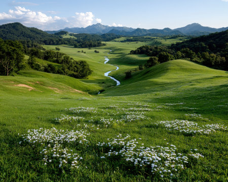 Serene landscape of rolling green hills and a meandering streamの素材