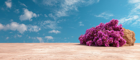 Vibrant purple bougainvillea bush against a desert landscape under a bright blue skyの素材