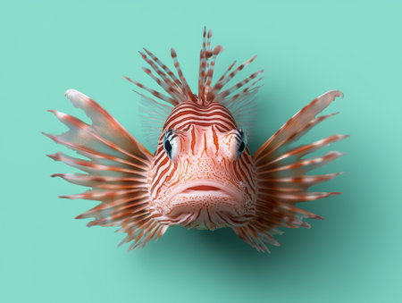 Close-up of a lionfish against a mint green backgroundの素材
