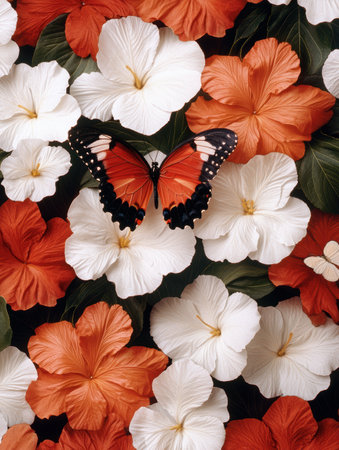Closeup of a butterfly on a bed of orange and white flowersの素材