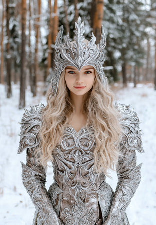 Beautiful woman in silver armor and crown in snowy forestの素材
