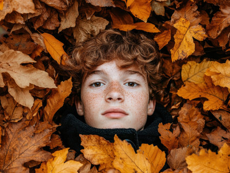 Red-haired boy lying in autumn leavesの素材