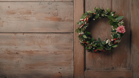 Floral wreath hanging on rustic wooden doorの素材