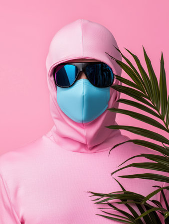 Pink hoodie model with face mask and sunglasses on pink backgroundの素材