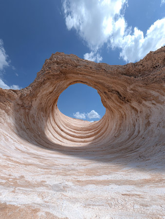 Stunning rock formation with a perfect circular hole, resembling a natural archway against a vibrant blue sky.の素材