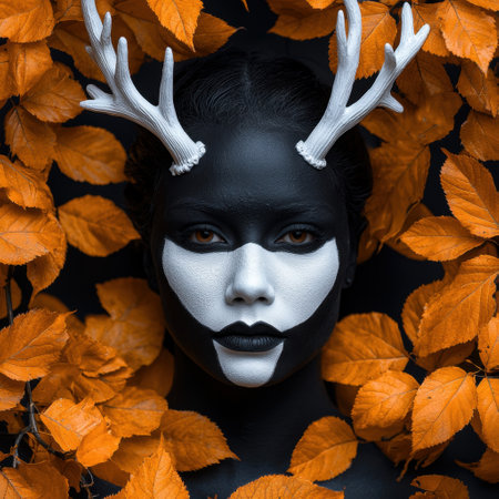 Close-up portrait of a woman with black and white face paint and antlers, surrounded by autumn leavesの素材