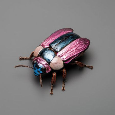Close-up of a vibrant iridescent beetle with pink and blue metallic shellの素材